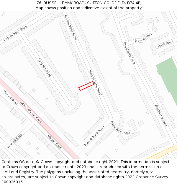 76, RUSSELL BANK ROAD, SUTTON COLDFIELD, B74 4RJ: Location map and indicative extent of plot