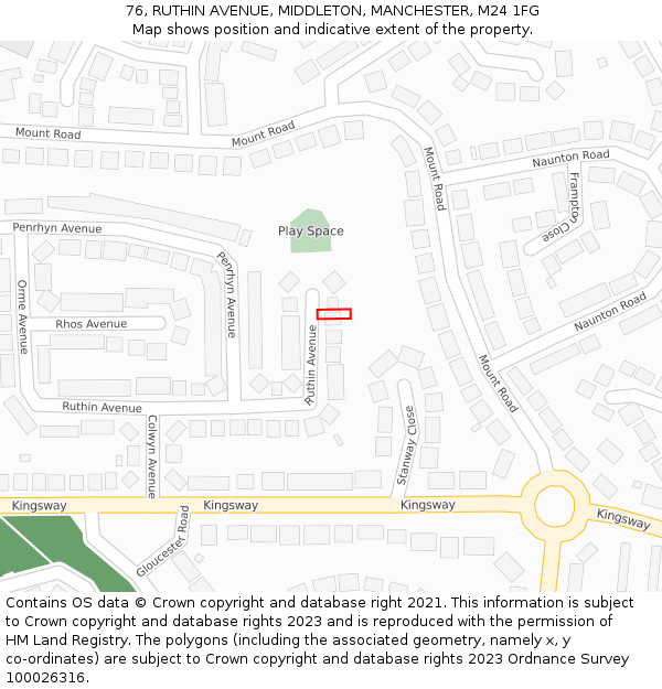 76, RUTHIN AVENUE, MIDDLETON, MANCHESTER, M24 1FG: Location map and indicative extent of plot