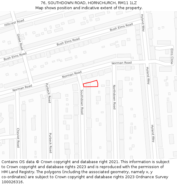 76, SOUTHDOWN ROAD, HORNCHURCH, RM11 1LZ: Location map and indicative extent of plot