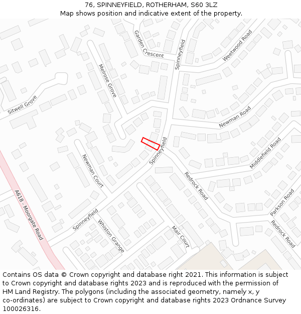 76, SPINNEYFIELD, ROTHERHAM, S60 3LZ: Location map and indicative extent of plot