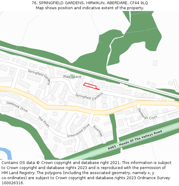 76, SPRINGFIELD GARDENS, HIRWAUN, ABERDARE, CF44 9LQ: Location map and indicative extent of plot