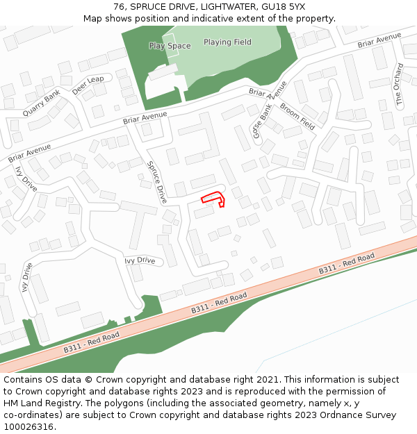 76, SPRUCE DRIVE, LIGHTWATER, GU18 5YX: Location map and indicative extent of plot