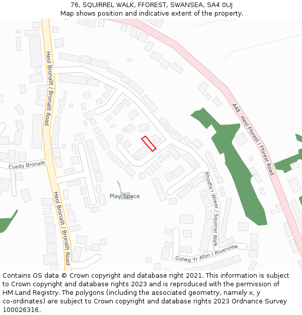 76, SQUIRREL WALK, FFOREST, SWANSEA, SA4 0UJ: Location map and indicative extent of plot