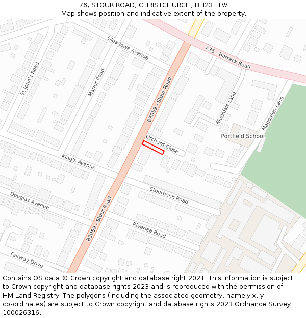 76, STOUR ROAD, CHRISTCHURCH, BH23 1LW: Location map and indicative extent of plot