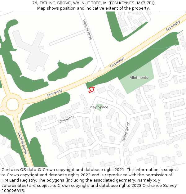 76, TATLING GROVE, WALNUT TREE, MILTON KEYNES, MK7 7EQ: Location map and indicative extent of plot