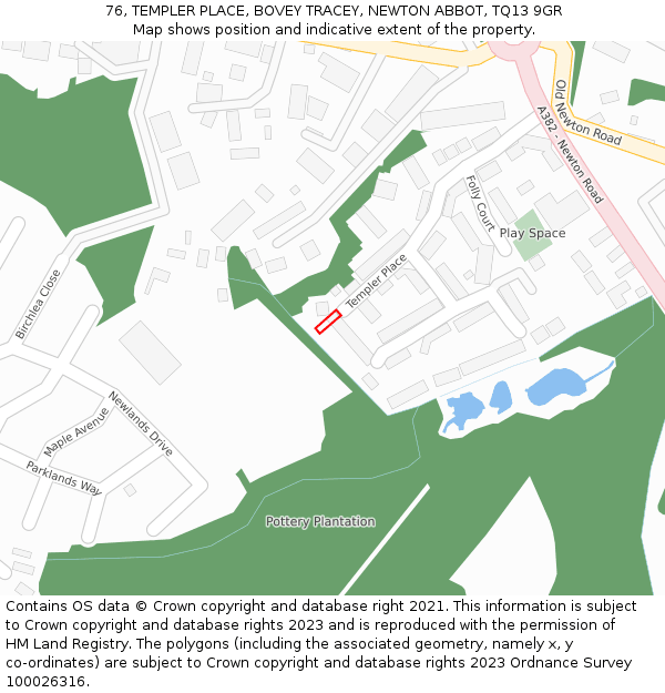 76, TEMPLER PLACE, BOVEY TRACEY, NEWTON ABBOT, TQ13 9GR: Location map and indicative extent of plot