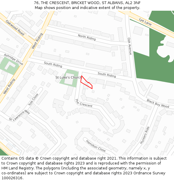 76, THE CRESCENT, BRICKET WOOD, ST ALBANS, AL2 3NF: Location map and indicative extent of plot