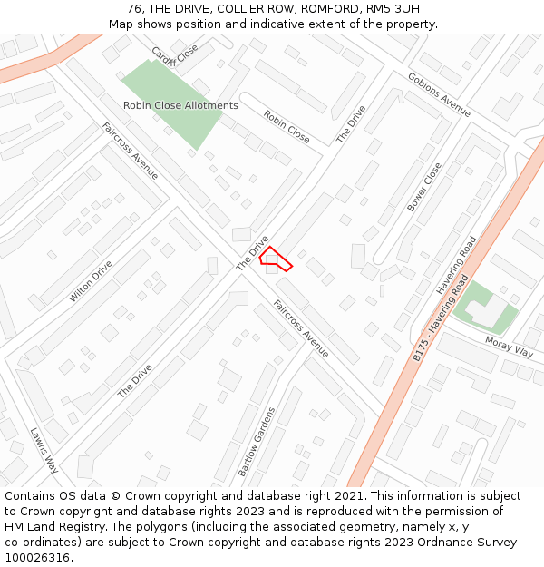 76, THE DRIVE, COLLIER ROW, ROMFORD, RM5 3UH: Location map and indicative extent of plot