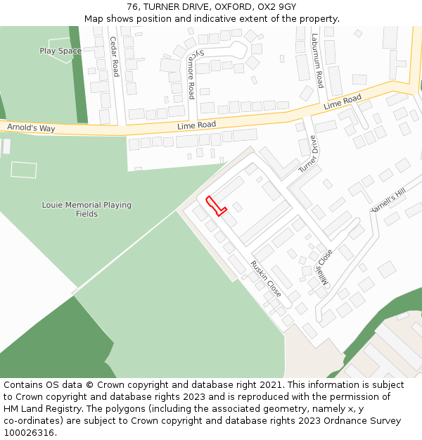 76, TURNER DRIVE, OXFORD, OX2 9GY: Location map and indicative extent of plot