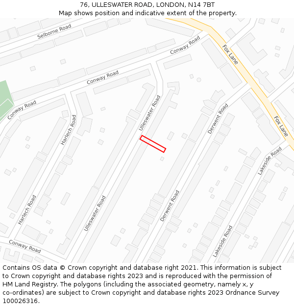 76, ULLESWATER ROAD, LONDON, N14 7BT: Location map and indicative extent of plot