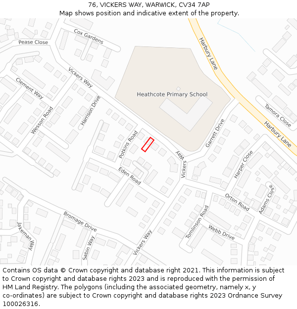76, VICKERS WAY, WARWICK, CV34 7AP: Location map and indicative extent of plot