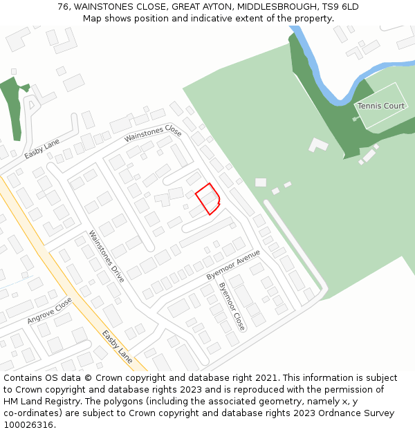 76, WAINSTONES CLOSE, GREAT AYTON, MIDDLESBROUGH, TS9 6LD: Location map and indicative extent of plot