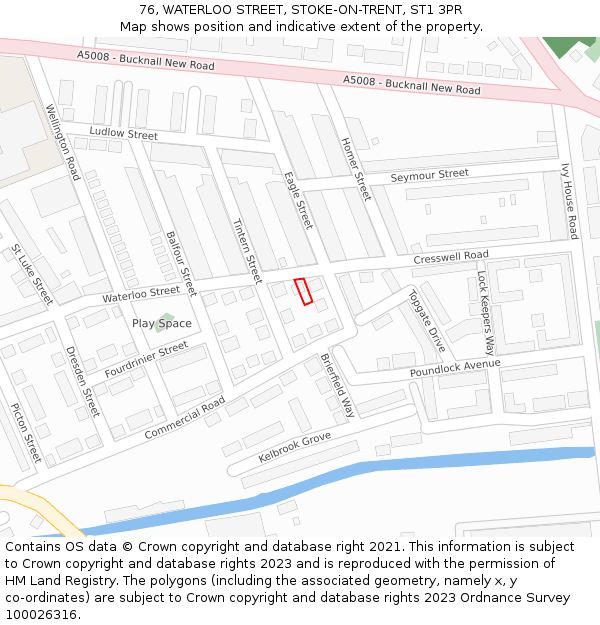 76, WATERLOO STREET, STOKE-ON-TRENT, ST1 3PR: Location map and indicative extent of plot