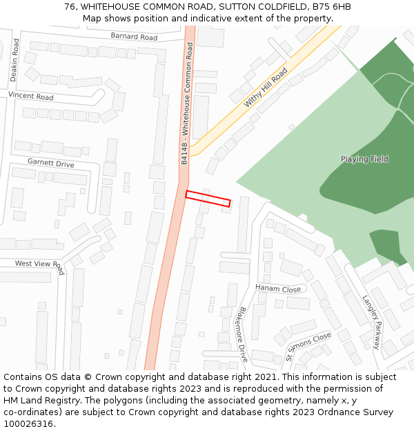 76, WHITEHOUSE COMMON ROAD, SUTTON COLDFIELD, B75 6HB: Location map and indicative extent of plot