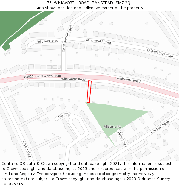 76, WINKWORTH ROAD, BANSTEAD, SM7 2QL: Location map and indicative extent of plot