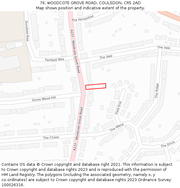 76, WOODCOTE GROVE ROAD, COULSDON, CR5 2AD: Location map and indicative extent of plot