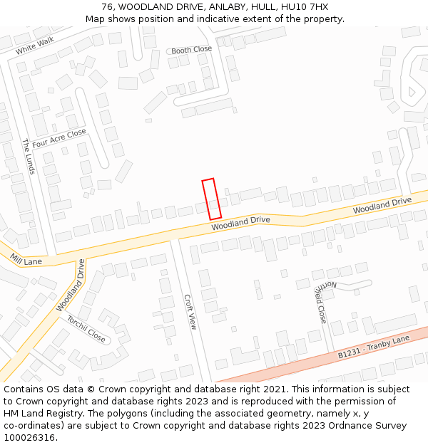 76, WOODLAND DRIVE, ANLABY, HULL, HU10 7HX: Location map and indicative extent of plot