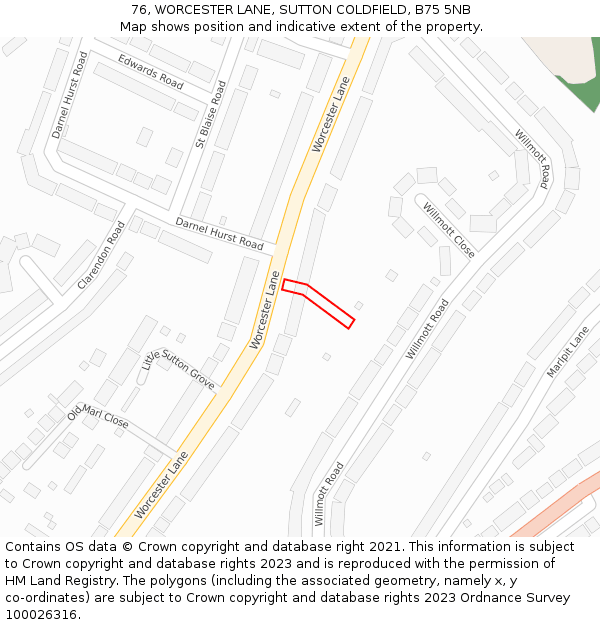 76, WORCESTER LANE, SUTTON COLDFIELD, B75 5NB: Location map and indicative extent of plot