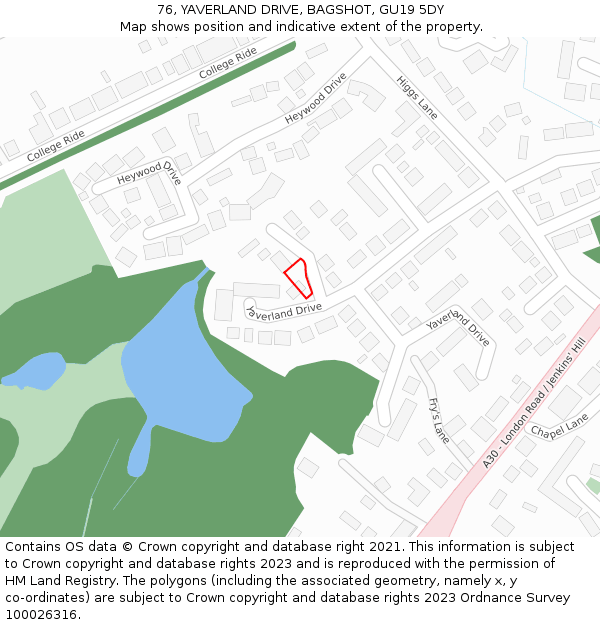 76, YAVERLAND DRIVE, BAGSHOT, GU19 5DY: Location map and indicative extent of plot