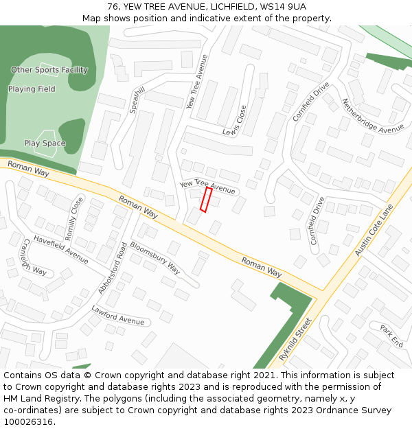 76, YEW TREE AVENUE, LICHFIELD, WS14 9UA: Location map and indicative extent of plot