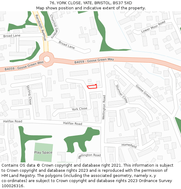 76, YORK CLOSE, YATE, BRISTOL, BS37 5XD: Location map and indicative extent of plot