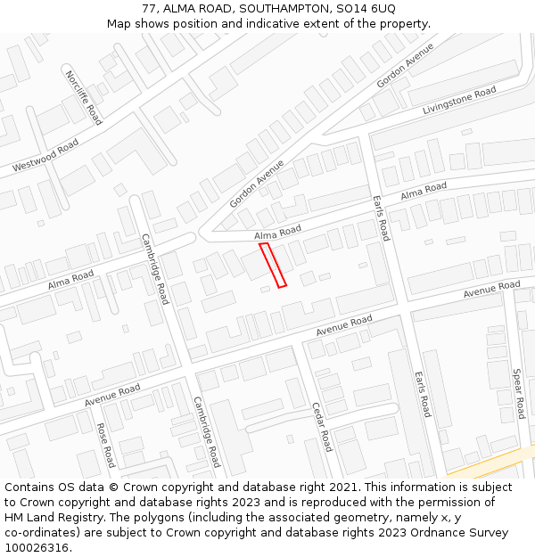 77, ALMA ROAD, SOUTHAMPTON, SO14 6UQ: Location map and indicative extent of plot