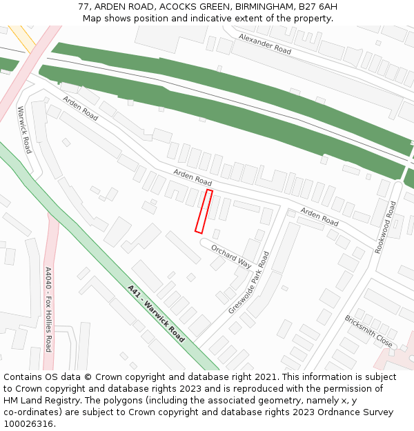 77, ARDEN ROAD, ACOCKS GREEN, BIRMINGHAM, B27 6AH: Location map and indicative extent of plot