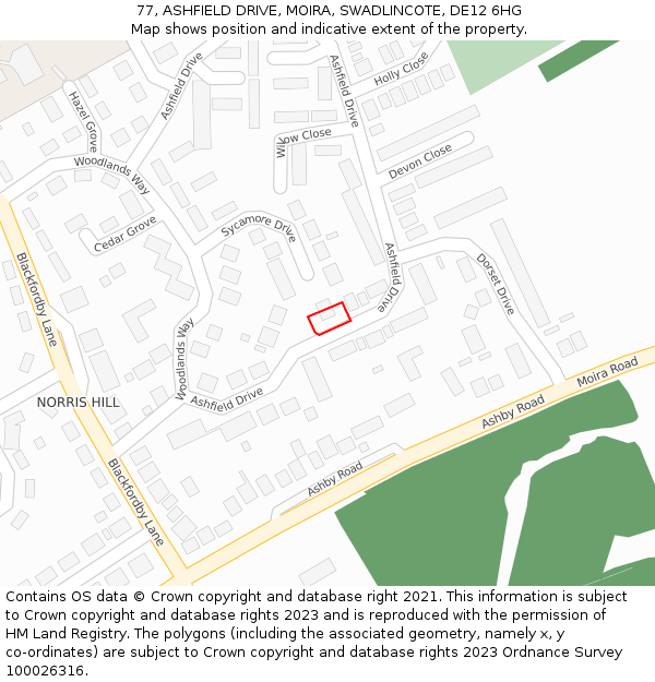 77, ASHFIELD DRIVE, MOIRA, SWADLINCOTE, DE12 6HG: Location map and indicative extent of plot