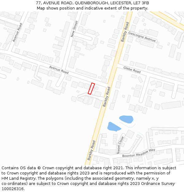 77, AVENUE ROAD, QUENIBOROUGH, LEICESTER, LE7 3FB: Location map and indicative extent of plot