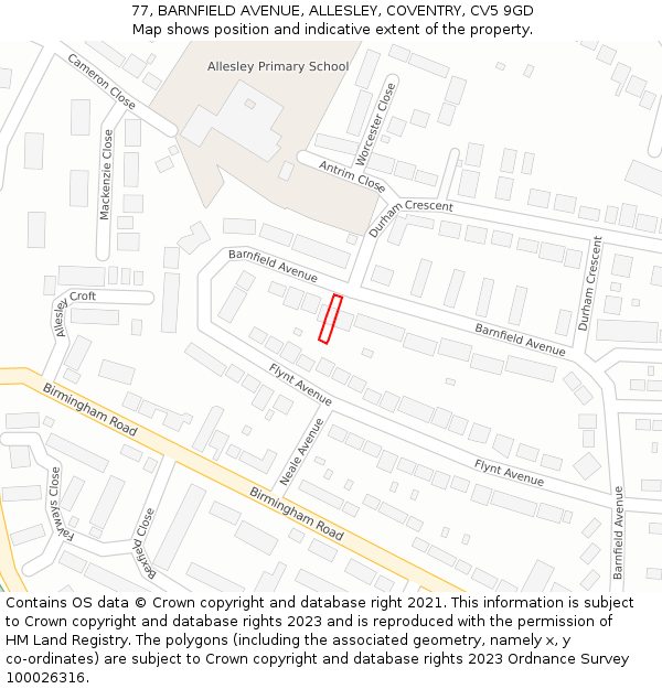 77, BARNFIELD AVENUE, ALLESLEY, COVENTRY, CV5 9GD: Location map and indicative extent of plot