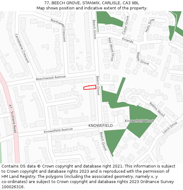 77, BEECH GROVE, STANWIX, CARLISLE, CA3 9BL: Location map and indicative extent of plot