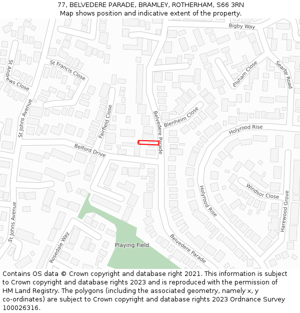 77, BELVEDERE PARADE, BRAMLEY, ROTHERHAM, S66 3RN: Location map and indicative extent of plot