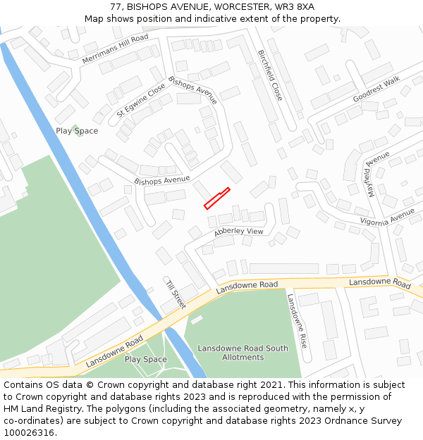 77, BISHOPS AVENUE, WORCESTER, WR3 8XA: Location map and indicative extent of plot