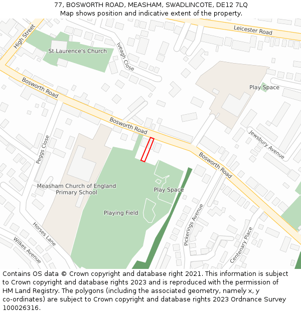 77, BOSWORTH ROAD, MEASHAM, SWADLINCOTE, DE12 7LQ: Location map and indicative extent of plot