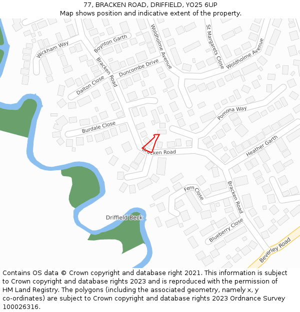 77, BRACKEN ROAD, DRIFFIELD, YO25 6UP: Location map and indicative extent of plot