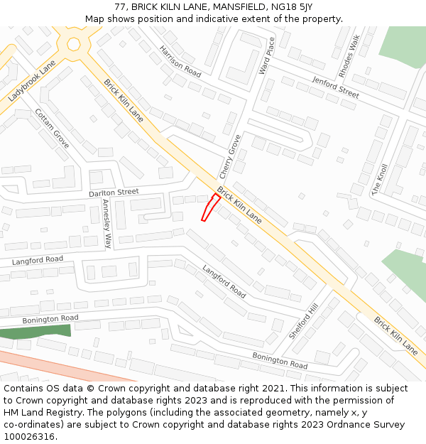 77, BRICK KILN LANE, MANSFIELD, NG18 5JY: Location map and indicative extent of plot