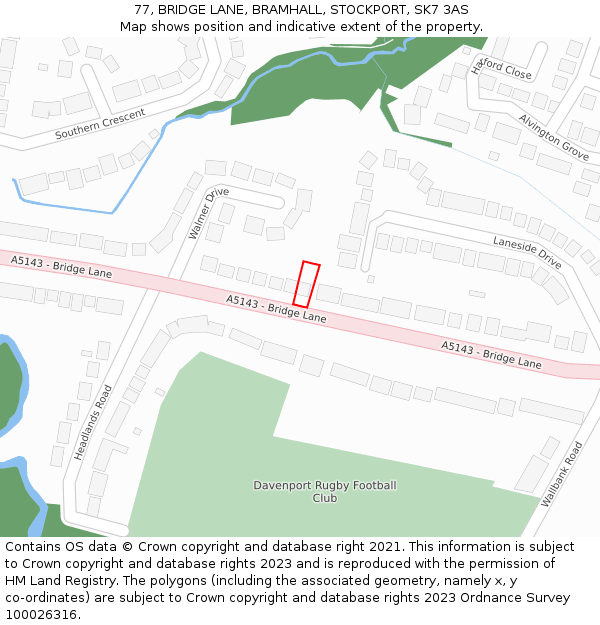 77, BRIDGE LANE, BRAMHALL, STOCKPORT, SK7 3AS: Location map and indicative extent of plot