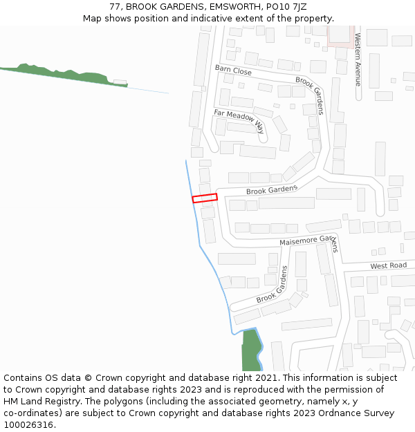 77, BROOK GARDENS, EMSWORTH, PO10 7JZ: Location map and indicative extent of plot