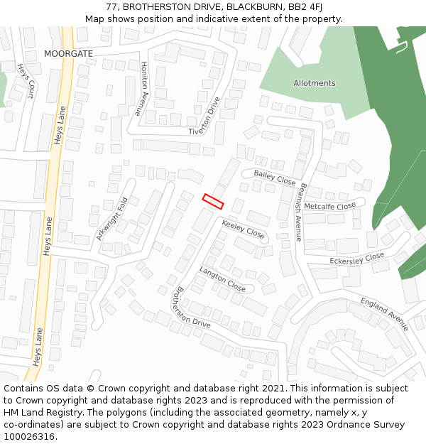 77, BROTHERSTON DRIVE, BLACKBURN, BB2 4FJ: Location map and indicative extent of plot