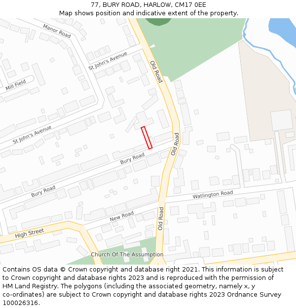 77, BURY ROAD, HARLOW, CM17 0EE: Location map and indicative extent of plot