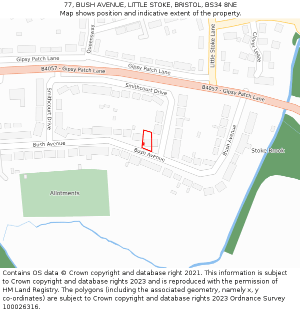 77, BUSH AVENUE, LITTLE STOKE, BRISTOL, BS34 8NE: Location map and indicative extent of plot