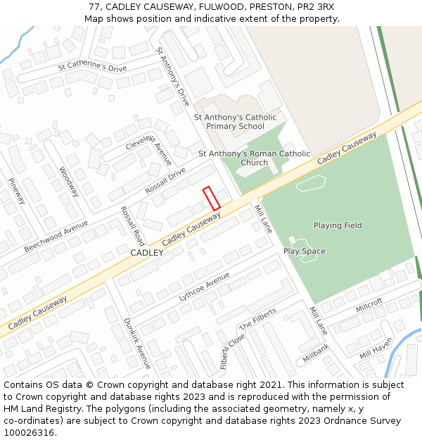 77, CADLEY CAUSEWAY, FULWOOD, PRESTON, PR2 3RX: Location map and indicative extent of plot