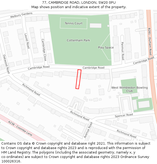 77, CAMBRIDGE ROAD, LONDON, SW20 0PU: Location map and indicative extent of plot