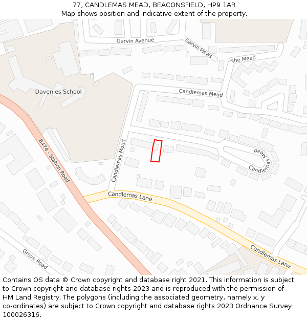 77, CANDLEMAS MEAD, BEACONSFIELD, HP9 1AR: Location map and indicative extent of plot