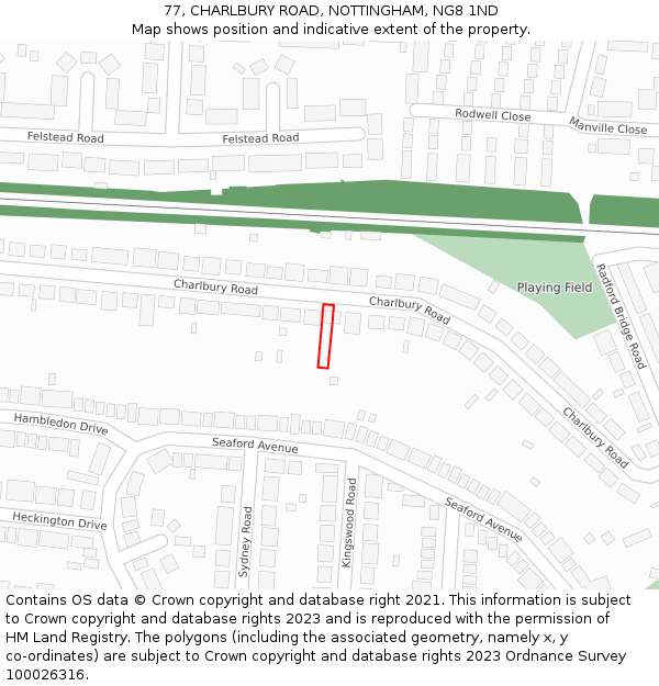 77, CHARLBURY ROAD, NOTTINGHAM, NG8 1ND: Location map and indicative extent of plot