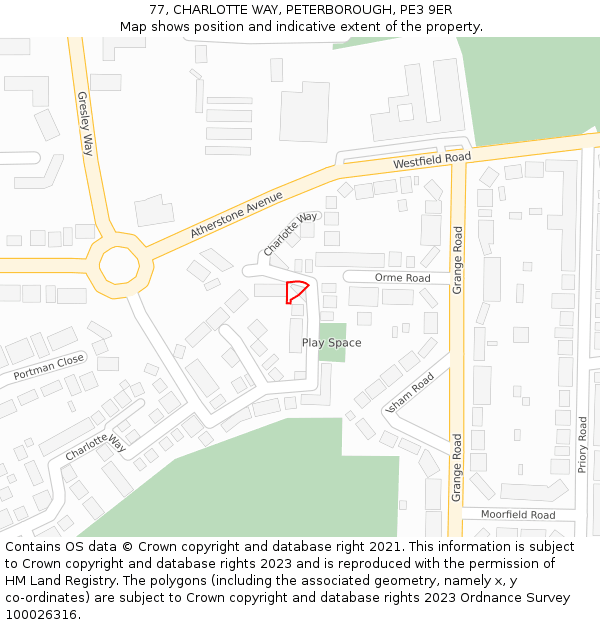 77, CHARLOTTE WAY, PETERBOROUGH, PE3 9ER: Location map and indicative extent of plot