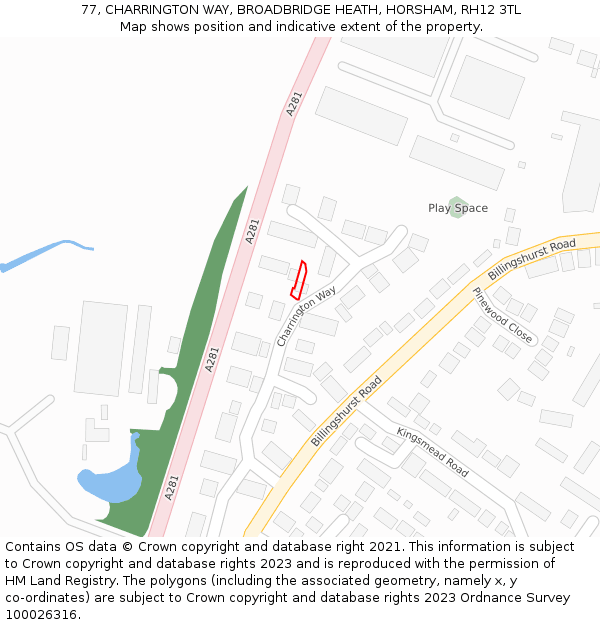 77, CHARRINGTON WAY, BROADBRIDGE HEATH, HORSHAM, RH12 3TL: Location map and indicative extent of plot