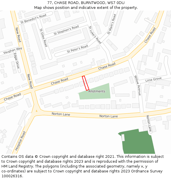 77, CHASE ROAD, BURNTWOOD, WS7 0DU: Location map and indicative extent of plot