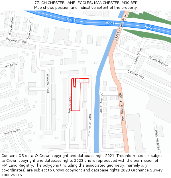 77, CHICHESTER LANE, ECCLES, MANCHESTER, M30 8EP: Location map and indicative extent of plot