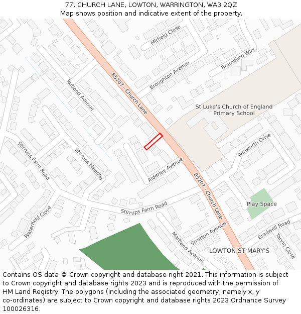 77, CHURCH LANE, LOWTON, WARRINGTON, WA3 2QZ: Location map and indicative extent of plot